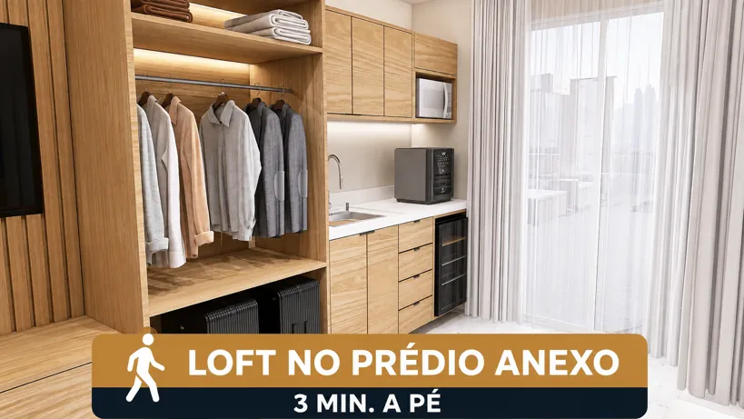 Closet, cozinha compacta com micro-ondas e frigobar — Loft Icaraí, Niterói