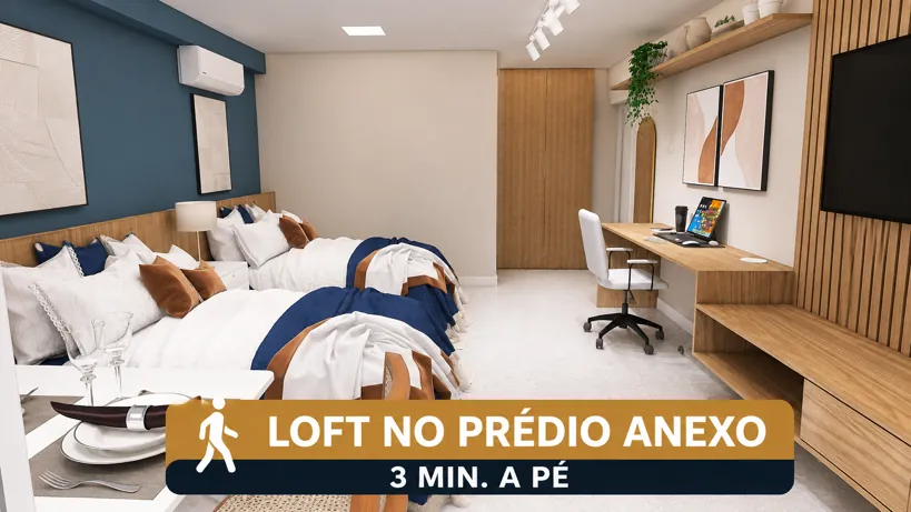 Camas de casal e espaço de trabalho no mesmo ambiente — Loft Icaraí, Niterói