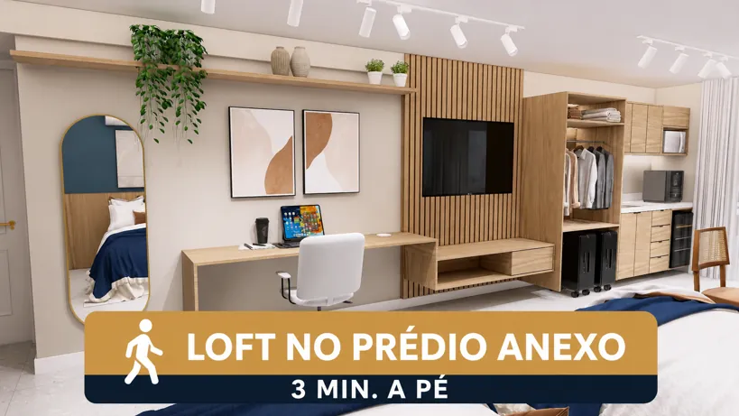 Studio com escrivaninha, Smart TV e closet — Loft Icaraí, Niterói